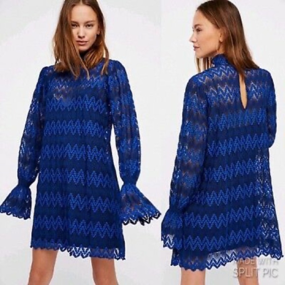 Free People Simone Mock Neck Royal Blue Lace Dress